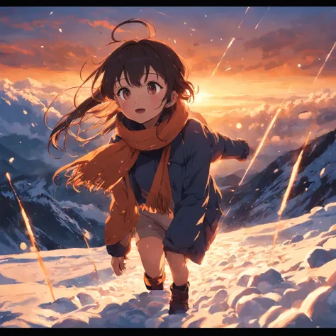 obra-prima, melhor qualidade, filme ainda, 1girl, garota, escalando uma montanha no inverno, close-up, brilhante, feliz, Soft lighting and Warm, sun sunset, (Sparks: 0,7)