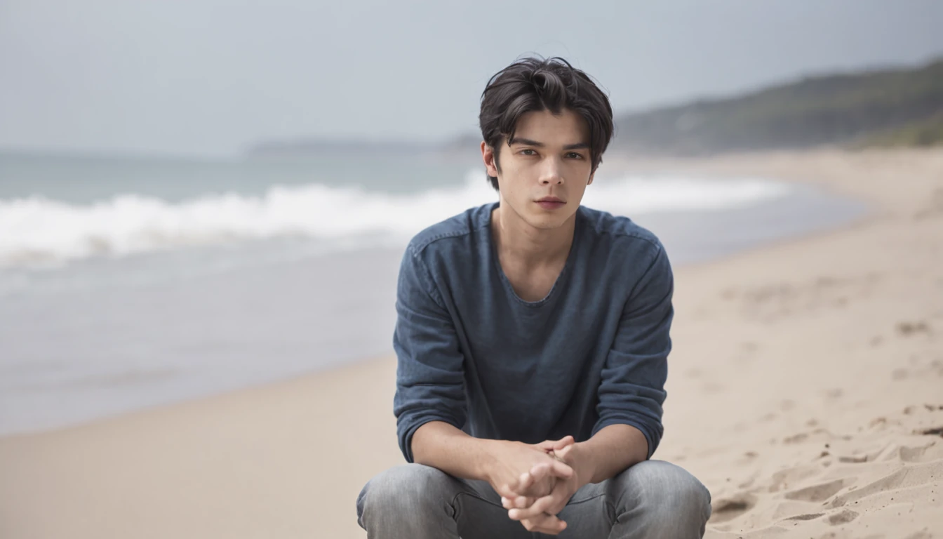 a young man sitting alone on the beach in the morning, sad, dark blue hair, Color Field painting, high detail, Conceptual art, blurry