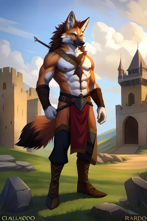 homem, guerreiro lobo, ((Maned wolf)), ((pelo cinza)), fluffy fur, (armadura medieval), espada imponente, defined muscles, pose viril, Elder Ring, Rpg, medieval, grande campo aberto, paisagem, high definition, masterpiece, campo aberto verde, arvores amare...