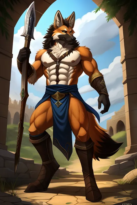 homem, guerreiro lobo, ((Maned wolf)), ((pelo cinza)), fluffy fur, (armadura medieval), espada imponente, defined muscles, pose viril, Elder Ring, Rpg, medieval, grande campo aberto, paisagem, high definition, masterpiece, campo aberto verde, arvores amare...