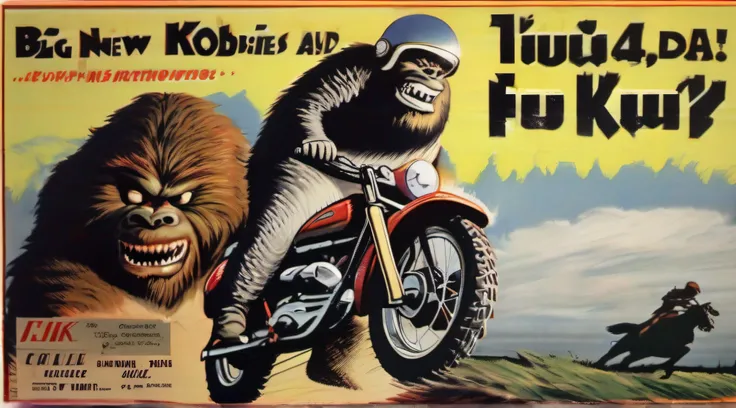 1950s motorcycle tire company promotional add for "Big Knobbies" their new motocross tire for off-road racing the company mascot is big foot the sasquatch, put him in the background stretching a big Knobbies motocross tire