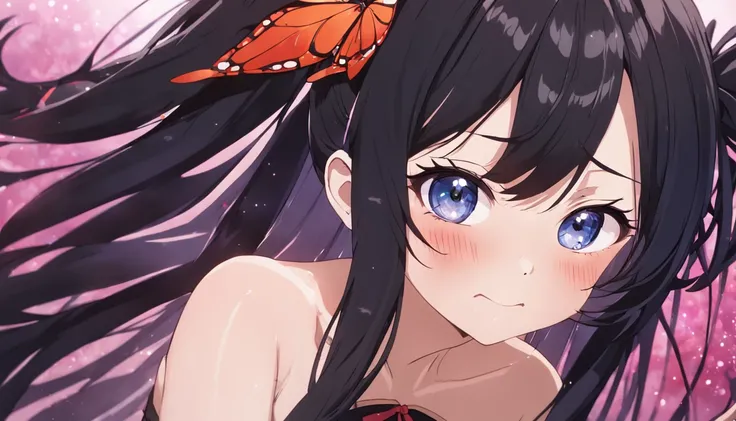 black hair, single sidelock, hair one side up, low-tied long hair, bangs pinned back, widows peak, kanzashi, mole under mouth, butterfly hair ornament, gradient eyes, upturned eyes, parted lips, licking lips, jitome, seductive smile, naughty face, anime, c...