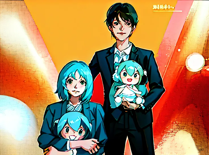 There were two people wearing suits, official fanart, High-quality fanart, Happy family, In anime style, mikudayo,2 d anime style, in an anime style, In a Japanese anime style