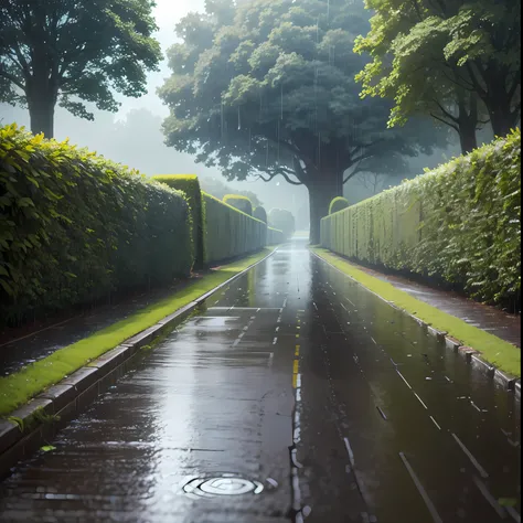 Hedge Park，It was raining heavily in the sky，It rained heavily，Rain ，Rain fell on the ground，there is water splash，There is water on the pavement，8K,k hd，Photo write