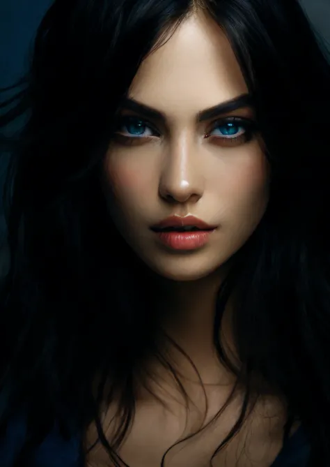 arafed image of a woman with long black hair and blue eyes, gorgeous attractive face, photo of a beautiful woman, attractive female face, gorgeous face portrait, beautiful female face, dark hair and makeup, portrait of a beautiful model, attractive beautif...