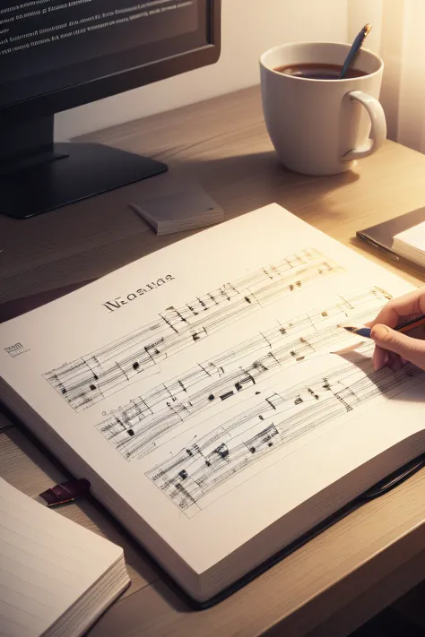 pencil and notebook on the table with lyrics made by the composer