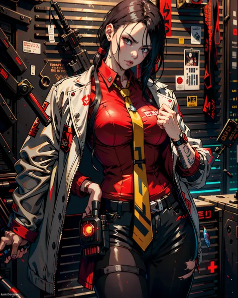 there is a woman in a red shirt and tie holding a gun, wojtek fus, cyberpunk judy alvarez, cyberpunk dark fantasy art, cyberpunk jackie welles, cyberpunk 2 0 y. o model girl, cyberpunk anime art, digital cyberpunk anime art, anime cyberpunk art, cyberpunk ...