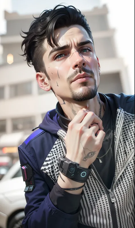 Make him cyberpunk look and realistic and dont change face and ultra realistic