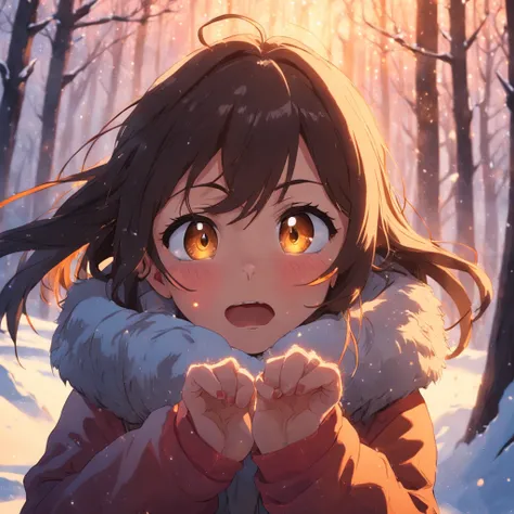 obra-prima, melhor qualidade, filme ainda, 1girl, garota, escalando uma montanha no inverno, profundidade, hands above face because of the blizzard, close-up, brilhante, feliz, Soft lighting and Warm, sun sunset, (Sparks: 0,7)