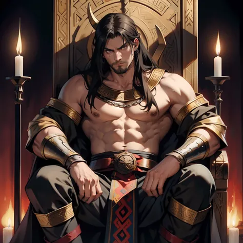 Viking Man. Berserker Man. Medieval art. Brown Eyes. Long Black Hair. King. Sitting on Throne