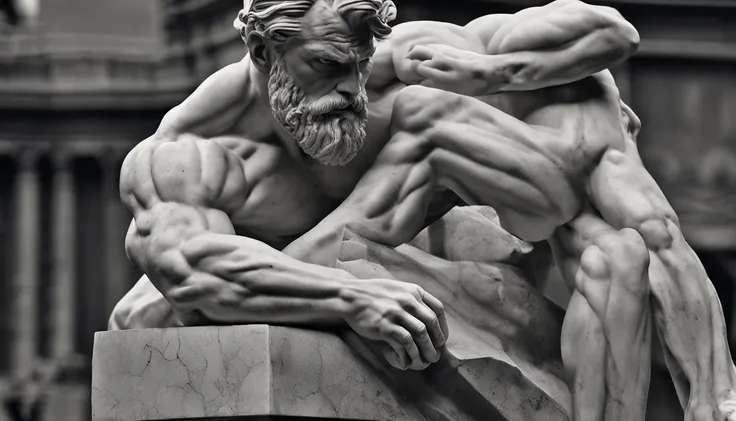 A white marble statue of a muscle, Bearded man with a stern look in a dark square at night, in the style of photographers Annie Leibovitz and Peter Lindbergh.