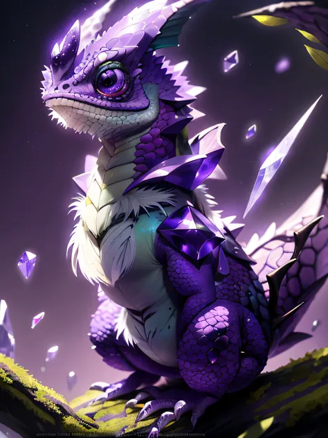 Animal realista, chameleon dragon (roxo), (chifres), Picos de cristal (gradiente roxo), armadura,(master part), (Ultrarrealista), beautiful artwork , efeito cintilante