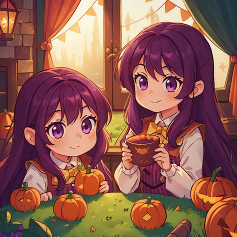 (best quality, high quality:1.3), CG, dramatic lighting, highly detailed, Bokeh, two little witches, their names are ruby ​​and ivy, animated looks, perfect face, long purple hair, looking mischievous, in their house, one morning , surrounded by pumpkins