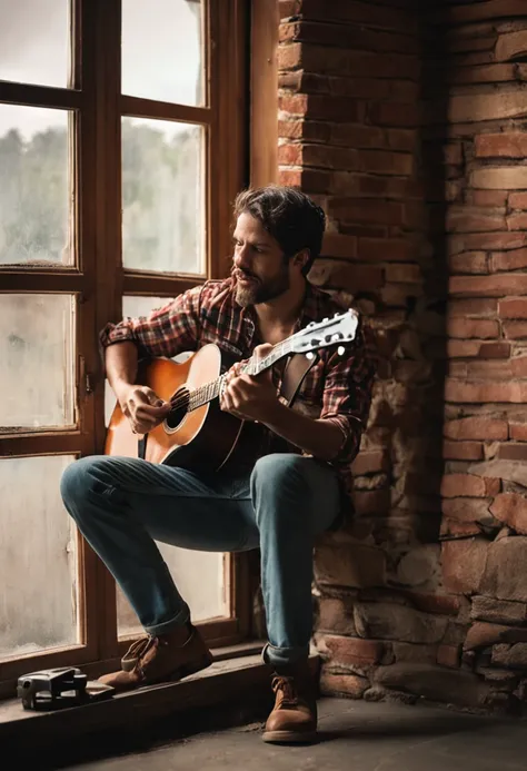 arafed man sitting on a window sill playing a guitar, playing the guitar, playing a guitar, man playing guitar, playing guitar, holding a guitar, playing guitars, guitarist, is playing a lute, the guitar player, jamming to music, playing guitar onstage, gu...