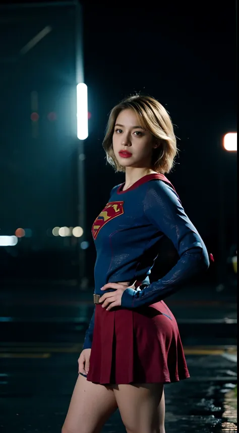 best quality, master part, (fotorrealista:2), Ultra high resolution, altamente detalhado, ultra realistic, 1girl, Terno Supergirl, logotipo do superman, short hair, corpo magro, tiro completo, standing pose, de baixo, Olhando para o Viewer, Noite, cidade, ...