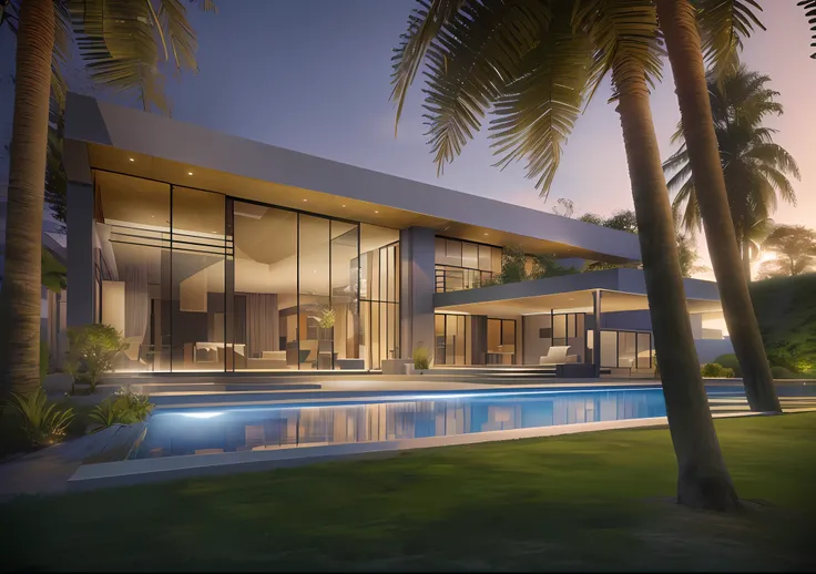 Alafed Modern House with pool and palm trees at sunset, Large modern mansion, Contemporary House, high quality render, ultramodern, Modern house, Accurate architecture rendering, architectural rendering, Rack Score Rendering, award-winning render, rendered...