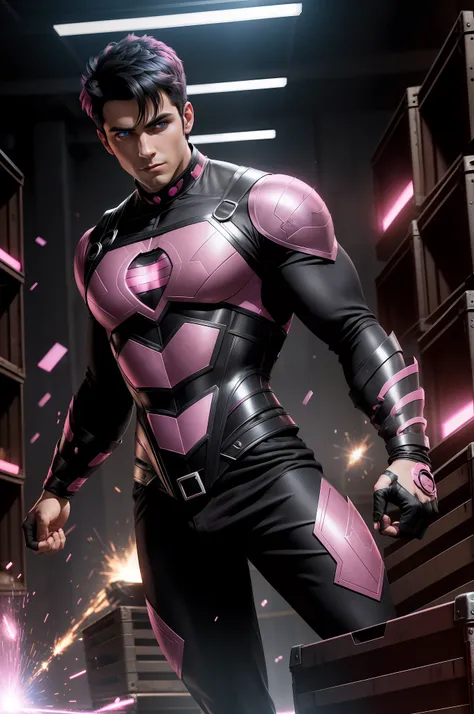 super-hero, man, 25-year old, short black hair, blue eyes, (black and pink costume:1.3), black corset, levitating metal crates, photorealistic, particle effects, raytracing, depth of field, ((2 steel discs on chest))