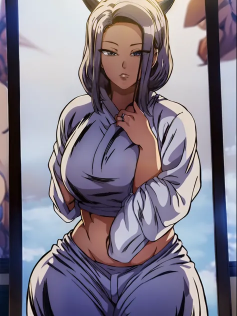 Cabelo rabo de cavalo, cabelo platinado, mascara preta, munhequeira preta, cropped, Goku pants, botas estilizadas do goku, foco feminino, rosto bonito, menina bonita, cropped sem manga, cabelo curto, solo ((obra-prima))