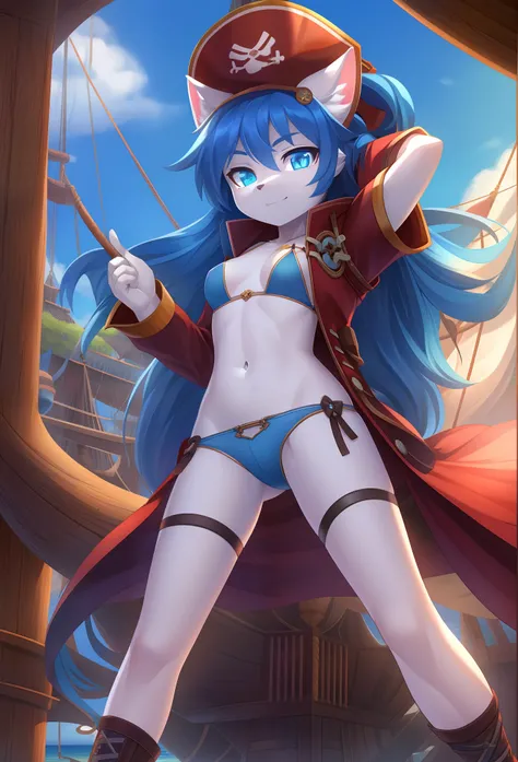 Furry girl, young, cat, blue hair, long hair, blue eyes, small breasts, detailed body fur, red pirate jacket, open clothes, blue bikini, pirate pants, pirate hat, masterpiece, looking at you, white body fur, detailed face, big eyebrows, detailed eyes, deta...