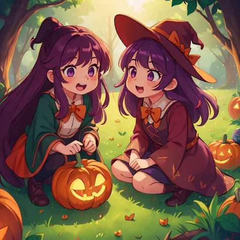 (best quality, high quality:1.3), CG, dramatic lighting, highly detailed, Bokeh, two little witches, their names are ruby ​​and ivy, animated looks, perfect face, long purple hair, looking like mischievous, in a field of pumpkins