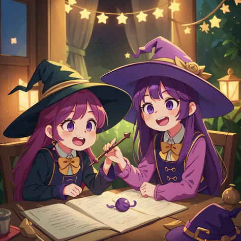 (Best Quality, High Quality:1.3), CG, Dramatic Lighting, Highly Detailed, Bokeh, Two Little Witches, Their Names Are Ruby and Ivy, Age 9, Animated Looks, Perfect Face, Long Purple Hair, Wearing Witch Hats , looking mischievous, in their homes, doing spells...