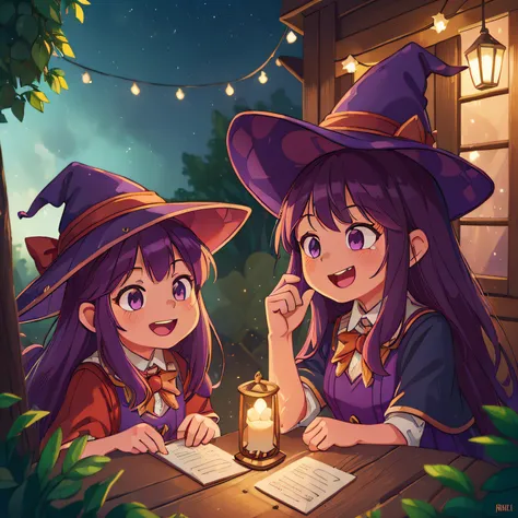 (best quality, high quality:1.3), CG, dramatic lighting, highly detailed, Bokeh, two little witches;, Their names are Ruby and Ivy, 9 years old, animated looks, perfect face, long purple hair, wearing witch hats , looking mischievous, on the porch of their...