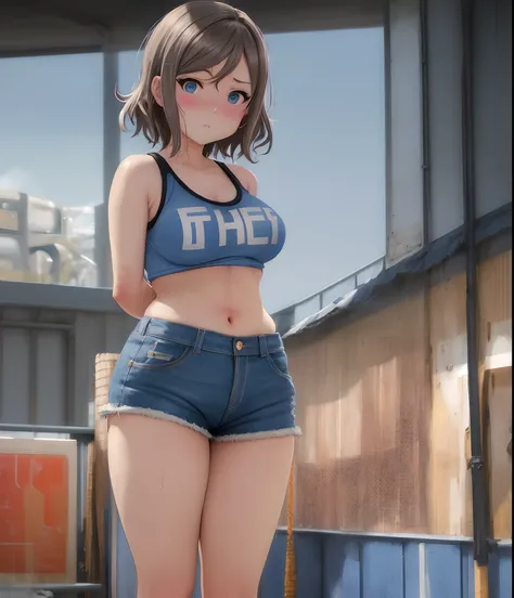 Watanabe you, blue eyes, short denim short, football tank top,(midriff:0.7), looking at viewer,(big breasts:0.8), solo, standing,  sweating, solo,(cowboy shot) , thicc thighs,thicc stomach, curvy body, llchar, hentai style