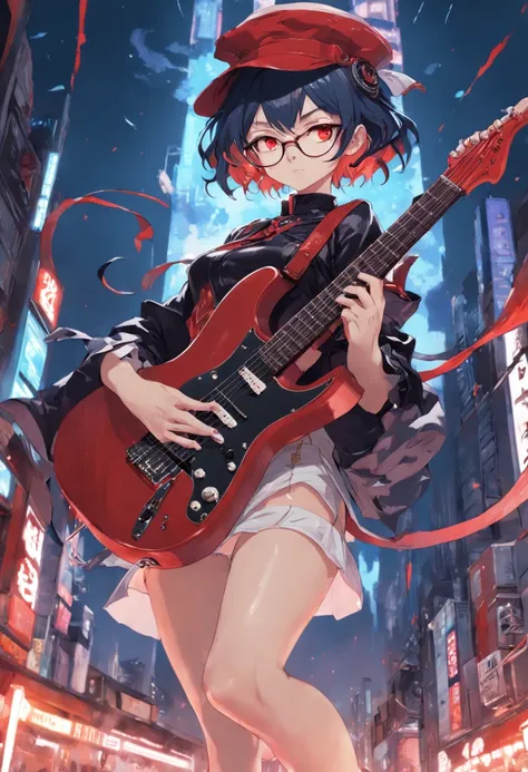 Women with a red witch hat and glasses, short hair, Using an electric guitar, usando uma roupa de sobretudo vermelho, Directed by: Shirow Masamune, cushart krenz arte chave feminina, g Estilo de arte liuliano, Estilo Masamune Shirow, Cushart Kenz, inspirad...