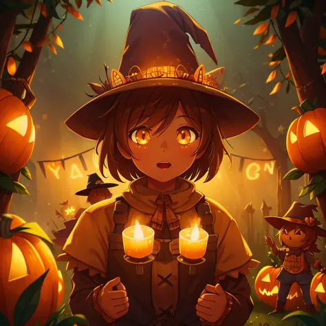 (best quality, high quality:1.3), CG, dramatic lighting, highly detailed, Bokeh, a scarecrow in a haloween party