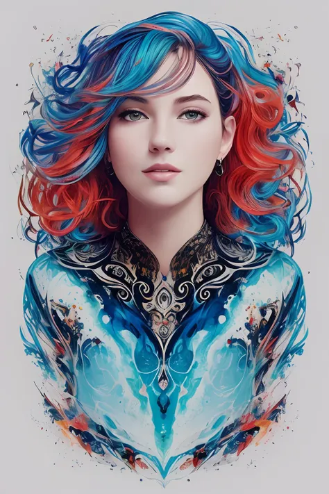 ready-to-print vector t-shirt art graffiti illustration of a young woman colored：25 years old woman, blue messy hair, oil painted, perfect face, perfect face, intricate image, shades of blue，light red color added, 8K resolution，A ArtStation digital paintin...