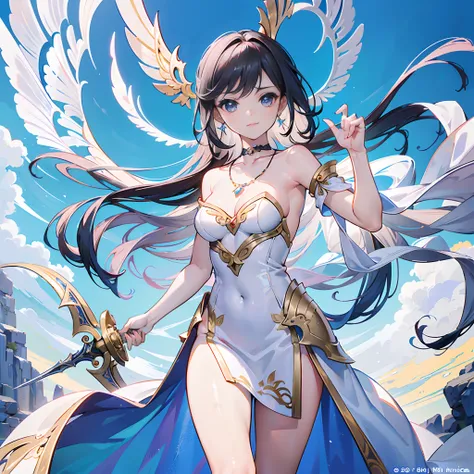 (obra maestra) (La mejor calidad) A legendary and beautiful angel warrior carries an impressive curved sword and a small round shield. She is in an outdoor temple on a clear, windy day. She is very beautiful, she is somewhat thin, showy necklaces. wings ((...