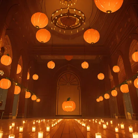 (best quality, high quality:1.3), CG, dramatic lighting, highly detailed, Bokeh, A HALL DECKED WITH floating pumpkins, animated