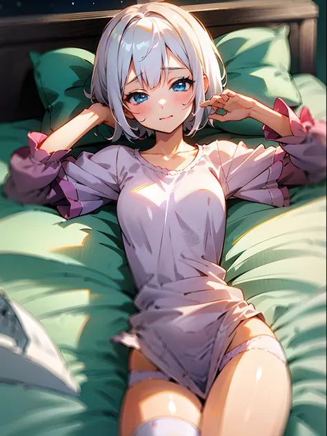 Anime girl with white short hair, blue eyes, wearing pink underwear, white hairs, pink dress, night, bedroom, cute face, ultrasharp 8k seductive girl, perfect eyes, seductive girl, sleeping,