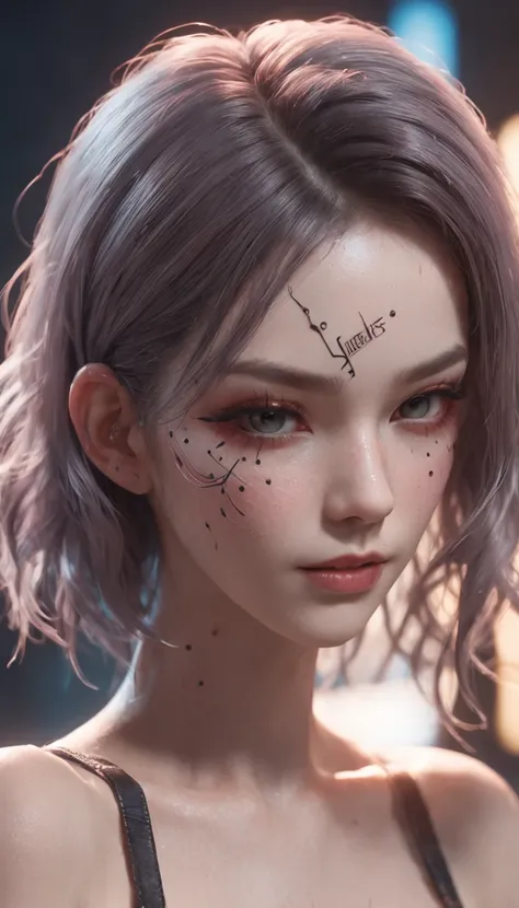 (((​masterpiece)))、(((top-quality)))、((ultra-definition))、(High Definition CG Illustration)、((extremely delicate and beautiful))、Cyber City、Cinematic Light、Girl with a sheared hairstyle、unconventional、Cyber Girl、2080s、animesque、girl with、facepaint、Face tat...