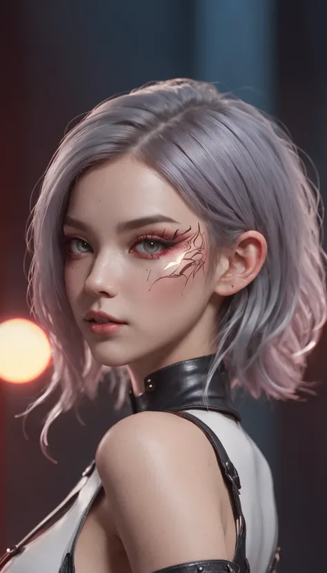 (((​masterpiece)))、(((top-quality)))、((ultra-definition))、(High Definition CG Illustration)、((extremely delicate and beautiful))、Cyber City、Cinematic Light、Girl with a sheared hairstyle、unconventional、Cyber Girl、2080s、animesque、girl with、facepaint、Face tat...