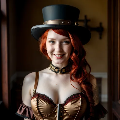 (one-1-person:1.2), beautiful steampunk lady, freckles, (red hair),(steampunk lingerie), steampunk top hat, steampunk googles, big smile, dark makeup, hyperdetailed photography, soft light, head and shoulders portrait, cover