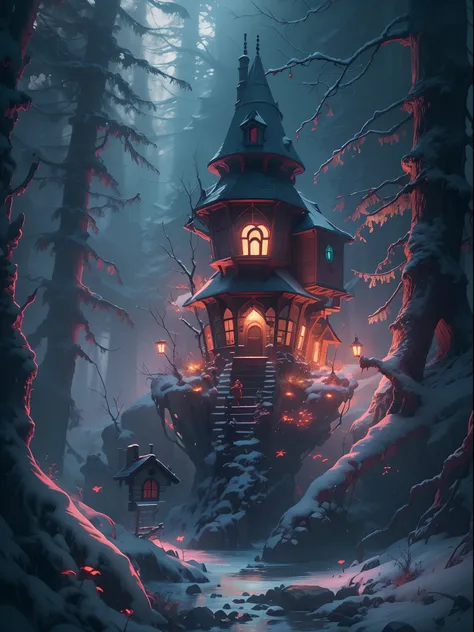 Frostpunk mixed with fairy tale horror there is a birdhouse in the woods by roman polanski and alfred hitchcock,heroic art,stunning,vibrant, 8k resolution, Artgerm, dynamic lighting hyperdetailed intricately detailed Splash art trending on Artstation triad...