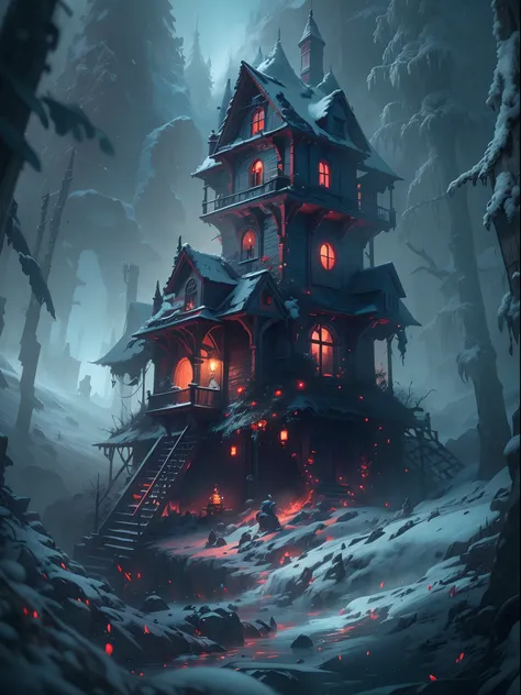 Frostpunk mixed with fairy tale horror there is a birdhouse in the woods by roman polanski and alfred hitchcock,heroic art,stunning,vibrant, 8k resolution, Artgerm, dynamic lighting hyperdetailed intricately detailed Splash art trending on Artstation triad...