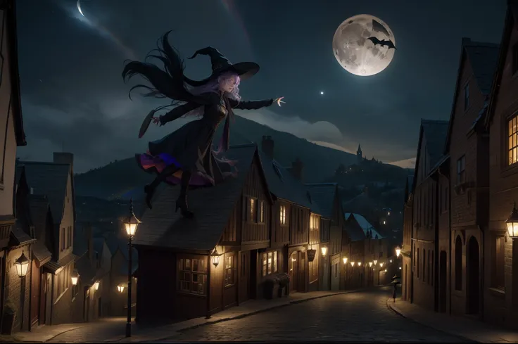 A witch flying over a Medieval town in a broom. She wears a ponty hat, multilayered dress in dark colors, wavy messy rainbow hair, gothic make-up. Crescent moon night, medieval town as background. Illuminated by moonlight and lamps in the town.