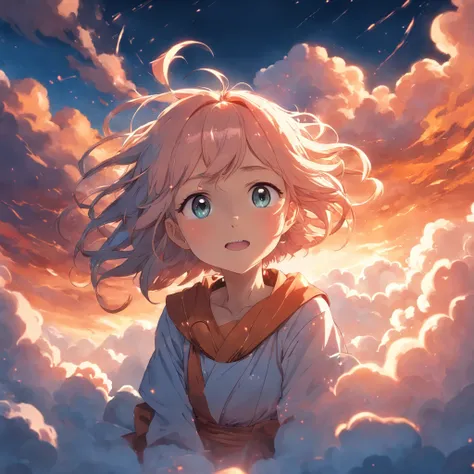 masterpiece, best quality, movie still, 1girl, cloud girl, floating in the sky, close-up, bright, happy, warm soft lighting, sunset, (sparks:0.7)