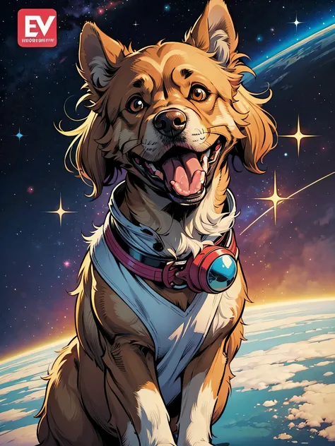 Comic Art Style Space Dog, funny and surprised, para um adesivo, German Shepperd, with her tongue out, alegre