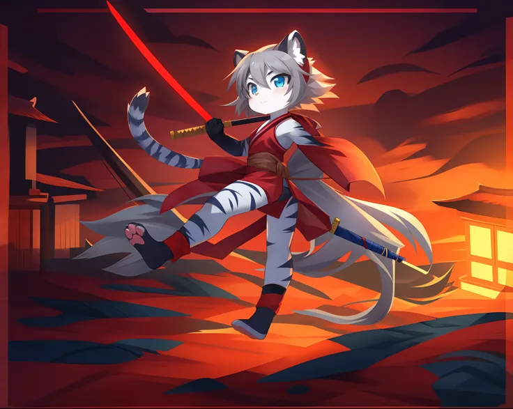 Furry girl, Loli, Tiger, blue eyes, grey hair, spiky hair, White body fur, red kimono sleeveless, black tights, paws whit three toes, ninja gloves, ninja socks, red headband, holding a katana,