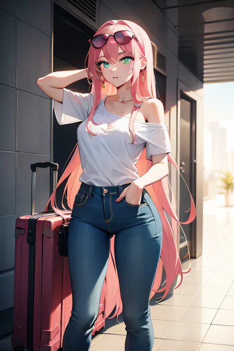 1woman, long pink hair, large chest, green eyes, wearing naked shoulders, white t-shirt and pants denims. heels, sunglasses on top of her head, luggage, elevator background