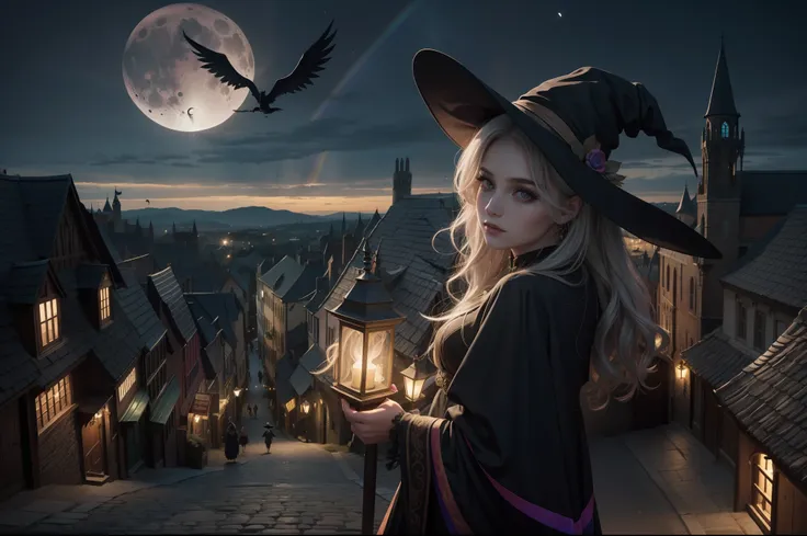 a witch flying over a medieval town in a broom. she wears a ponty hat, multilayered dress in dark colors, wavy messy rainbow hai...