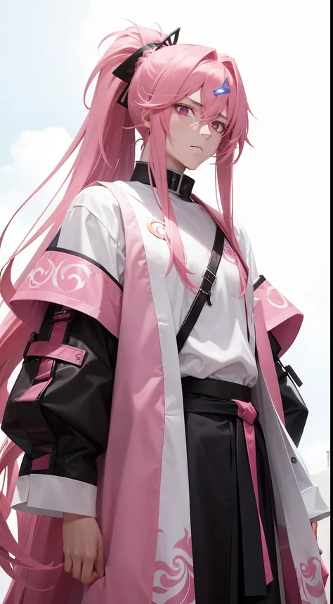 Male with messy detailed long pink hair, handsome, serious face, handsome, serious eyes, godly figure, glowing pink eyes, ponytail hairstyle, wearing holy clothes