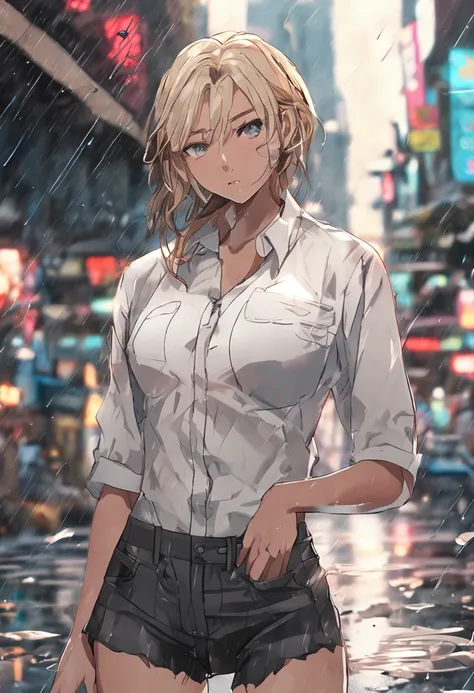 ((Best quality, 8k, Masterpiece: 1.3)), Sharp focus: 1.2, A beautiful woman with perfect anime body: 1.4, Slim abdomen: 1.2, ((Layered haircut, Large breasts: 1.2)), (no bra) (Small and beautiful hard nipple) (Thin and damp button up to shirt length: 1.1),...