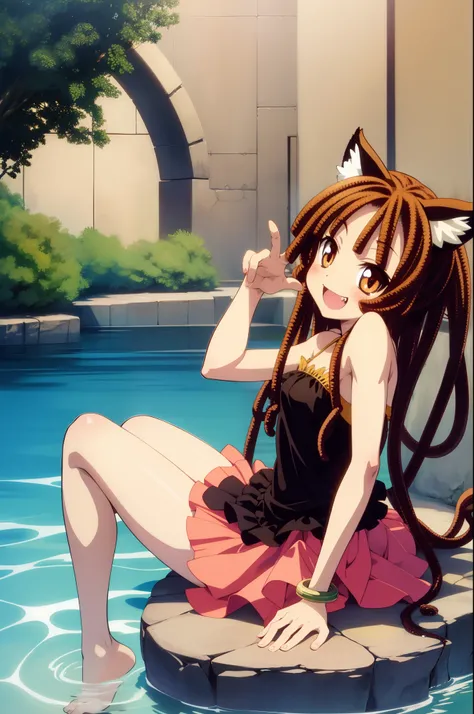 eril mermaid melody, catgirl dreadlock, fang, black wings, micro skirt, flipflops, smile