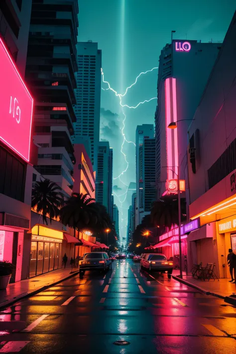 Crie uma cena de uma rua em miami no ano 1984, luzes neon, cinematic lighthing