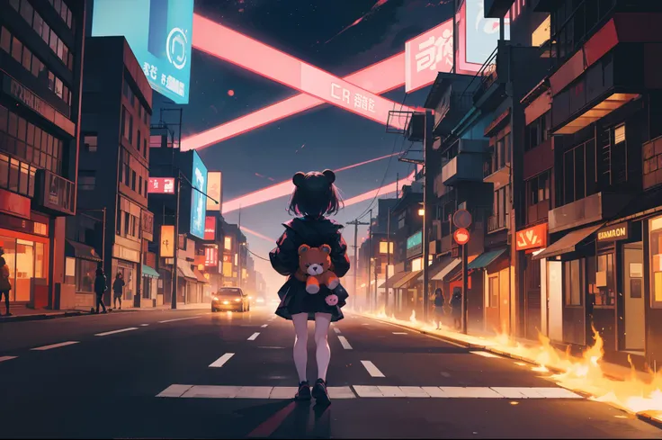 a little girl holding a little bear em chamas in the street em uma cidade cyberpunk com luzes de neon e chamas ao fundo, Vista lateral, with flames of fire in the sky and in the streets