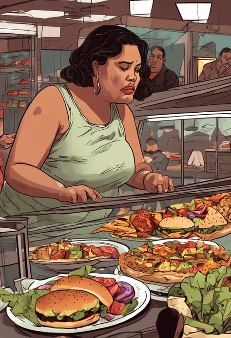 "Crie uma imagem que capture a realidade: uma mulher de 40 anos, obesa, sad expression, while trying to pick a salad amid a tempting selection of burgers and pizza."